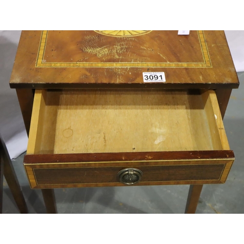 3091 - Pair of mid 20th century reproduction inlaid walnut bedside tables by Remploy, 39 x 32 x 61 cm H, bo... 