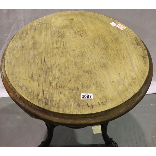 3097 - Early 20th century painted cast iron table base, 60 x 74 cm H.
Condition Report: top needs replacing... 