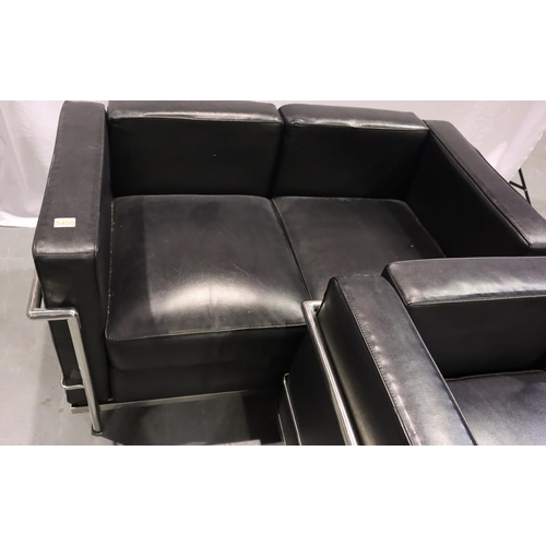 3101 - Pair of contemporary black leather sofas, chrome framed in the Bauhaus style, each is 128 x 70 x 70 ... 