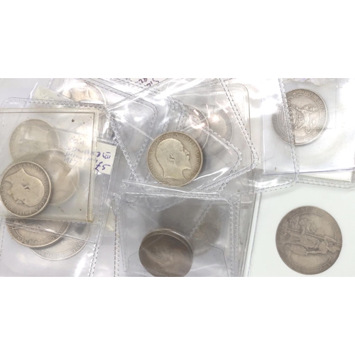 3079 - Silver coins of Edward VII; four threepences, four florins and sixteen shillings, mixed grades. P&P ... 