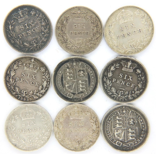 3141 - Nine silver sixpences of Queen Victoria, dates 1839-1901, mixed grades. P&P Group 1 (£14+VAT for the... 