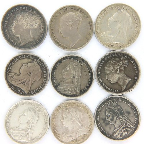 3141 - Nine silver sixpences of Queen Victoria, dates 1839-1901, mixed grades. P&P Group 1 (£14+VAT for the... 