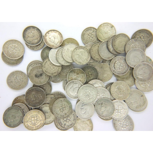 3239 - Seventy eight silver threepenny pieces, dates 1937-1950, mixed grades. P&P Group 1 (£14+VAT for the ... 