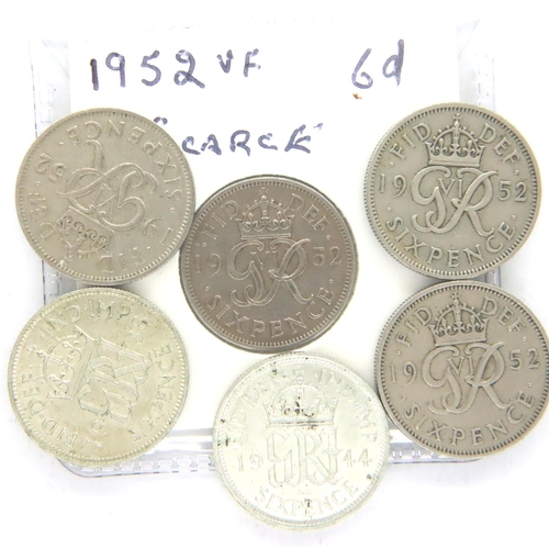 3242 - 1952 sixpence of George VI, VF grade, with three further 1952 sixpences, 1938 and 1944 (6). P&P Grou... 