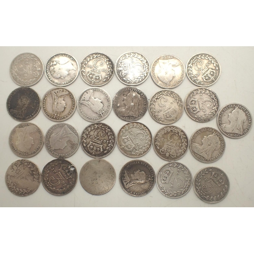 3248 - Twenty five silver threepences of Queen Victoria, dates 1883-1900, mixed grades. P&P Group 1 (£14+VA... 