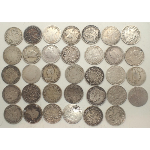 3250 - Thirty silver threepences of Queen Victoria, dates 1885-1901, mixed grades. P&P Group 1 (£14+VAT for... 
