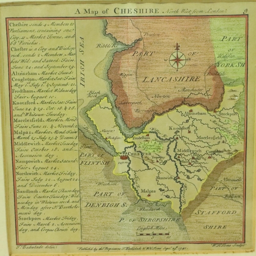 626 - Framed hand coloured map of Cheshire, Badeslade & Toms, September 1741, 16 x 16 cm. Not available fo... 
