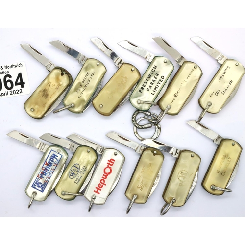 2064 - Twelve mother of pearl handled advertising twin blades short folding knives. P&P Group 2 (£18+VAT fo... 