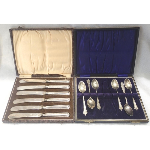 108 - Two boxes of silver plated spoons and knives. Spoons lacking sugar tongs. P&P Group 2 (£18+VAT for t... 