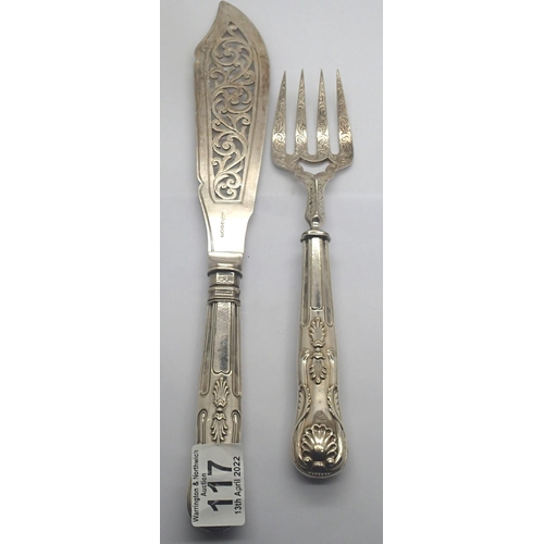 117 - Engraved silver plated fish servers, knife L: 31 cm, combined 284g (2). P&P Group 1 (£14+VAT for the... 