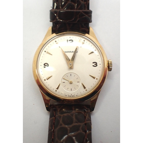 67 - Garrard; 9ct gold gents dress wristwatch with champagne dial, seconds subsidiary dial on leather str... 