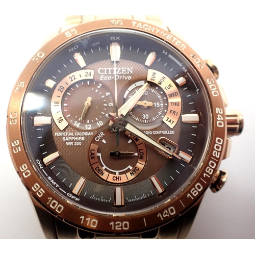 69 - Citizen; Eco Drive perpetual calendar wristwatch with sapphire bronze dial and gold stainless steel ... 