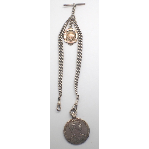 73 - Hallmarked silver Albert chain with gold wash silver fob and a Maria Theresa Thaler silver fob, chai... 