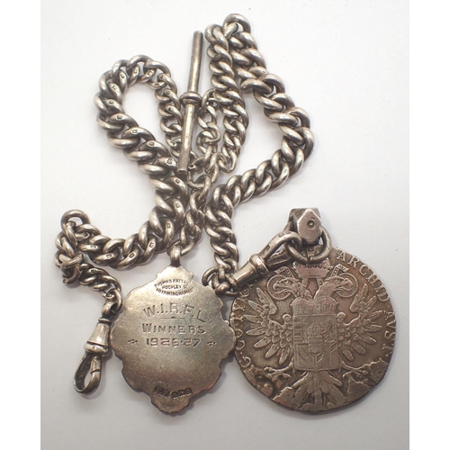 73 - Hallmarked silver Albert chain with gold wash silver fob and a Maria Theresa Thaler silver fob, chai... 