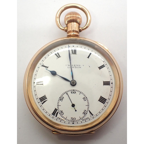 74 - Benson gold plated open face pocket watch 15 jewel movement, Dennison Moon, 20 year case, working at... 