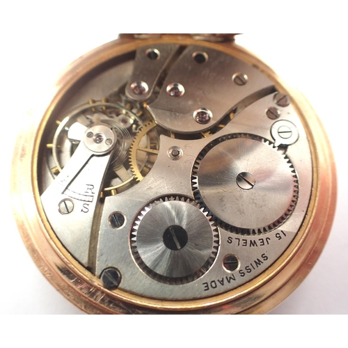 74 - Benson gold plated open face pocket watch 15 jewel movement, Dennison Moon, 20 year case, working at... 