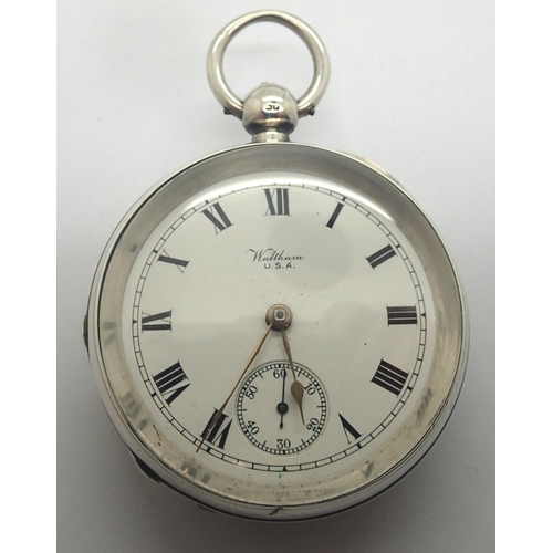 76 - Waltham silver key wind open face pocket watch, 18 size, 1883 model, AB case, with key, working at l... 