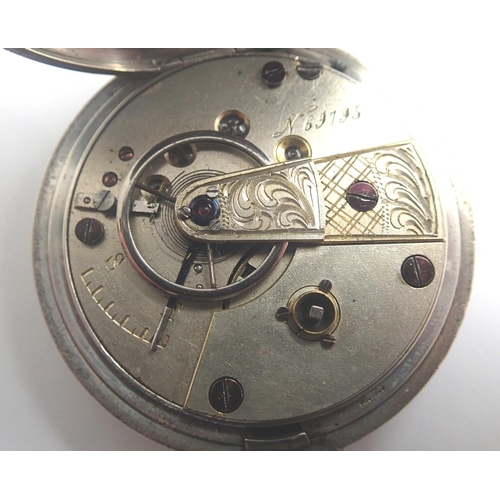 77 - Silver key wind open face pocket watch in a fine silver case, with key, working at lotting. Case D: ... 