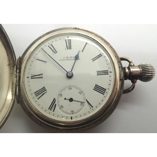 78 - Waltham silver hunter pocket watch, Traveler movement, Dennison 2oz case, working at lotting. Case D... 