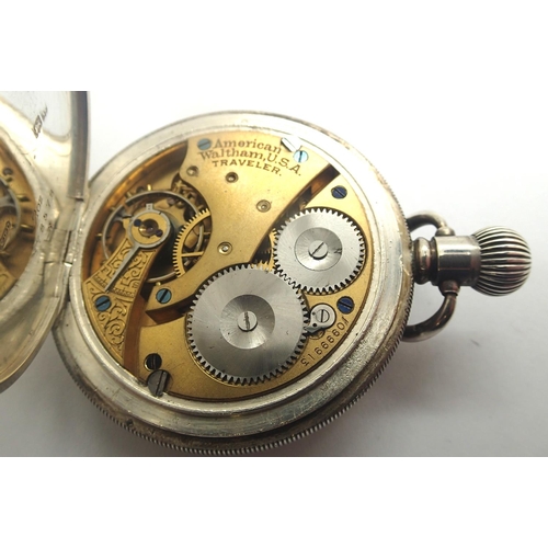 78 - Waltham silver hunter pocket watch, Traveler movement, Dennison 2oz case, working at lotting. Case D... 