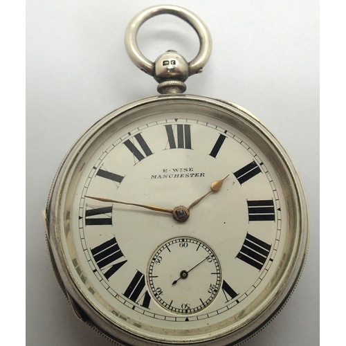 79 - Key wind silver cased pocket watch by E Wise Manchester going level movement, Birmingham silver case... 