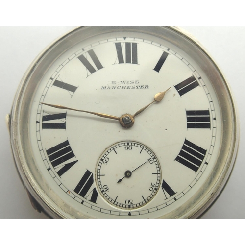 79 - Key wind silver cased pocket watch by E Wise Manchester going level movement, Birmingham silver case... 