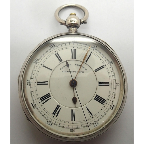 83 - Centre seconds key wind chronograph silver pocket watch, Chester silver case, with key, working at l... 