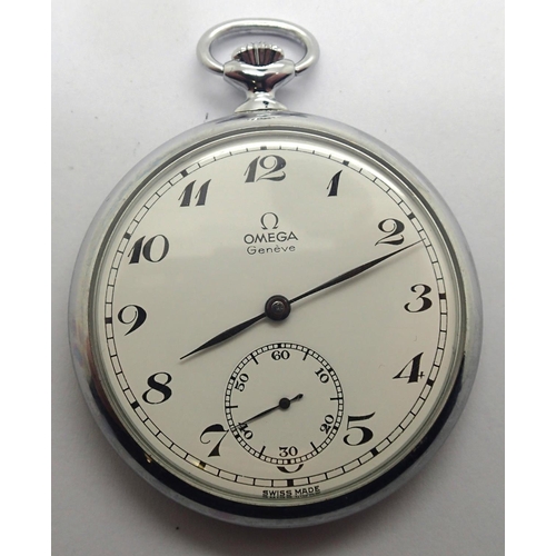 84 - Omega crown wind chrome pocket watch, working at lotting. Case D: 47 mm. P&P Group 1 (£14+VAT for th... 