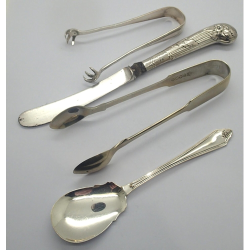 92 - Two hallmarked pairs of sugar tongs and a hallmarked silver spoon, combined 85g. P&P Group 1 (£14+VA... 