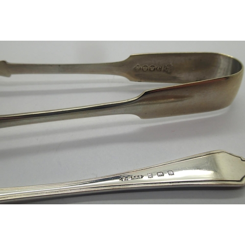 92 - Two hallmarked pairs of sugar tongs and a hallmarked silver spoon, combined 85g. P&P Group 1 (£14+VA... 