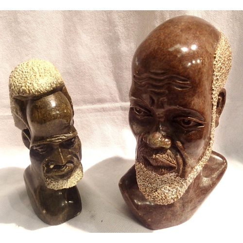 372 - Pair of carved stone African heads, tallest 23cm. Not available for in-house P&P, contact Paul O'Hea... 