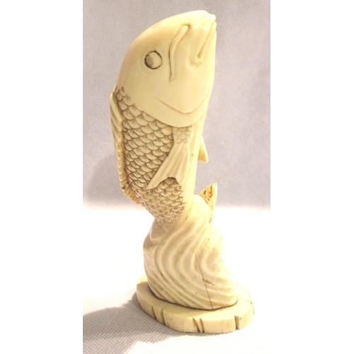 387 - Antique carved ivory leaping carp, signed to base, H: 15cm. P&P Group 1 (£14+VAT for the first lot a... 