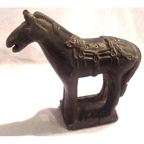 394 - Chinese (possibly Chung Dynasty) ceramic horse on stand, H: 90 mm. P&P Group 1 (£14+VAT for the firs... 