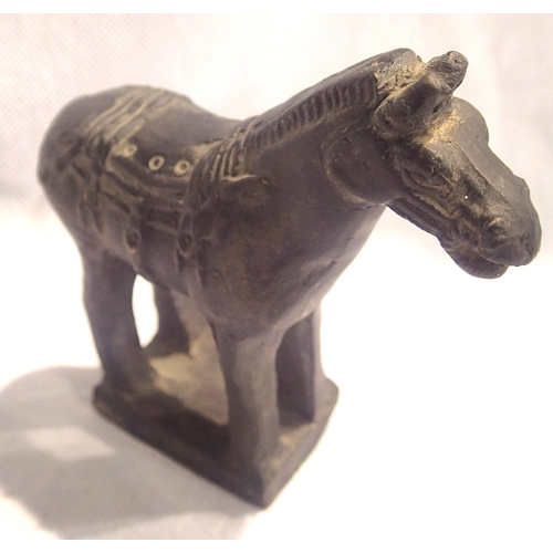 394 - Chinese (possibly Chung Dynasty) ceramic horse on stand, H: 90 mm. P&P Group 1 (£14+VAT for the firs... 