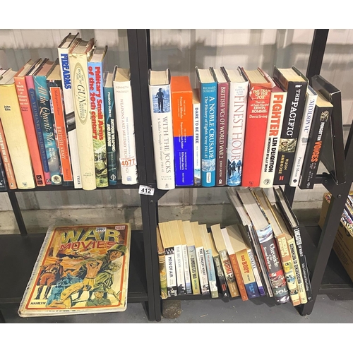 412 - Four shelves of military books to include, War Movies by Tom Perlmutter. Not available for in-house ... 