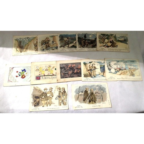 426 - Sketches of Tommys Life postcards 1-10 and three WWI silk examples. P&P Group 3 (£25+VAT for the fir... 