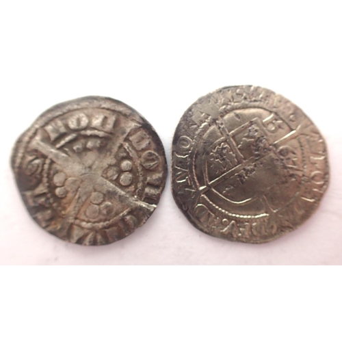 3054 - Two Tudor English hammered coins, penny and half groat (Edward and Elizabeth). P&P Group 1 (£14+VAT ... 