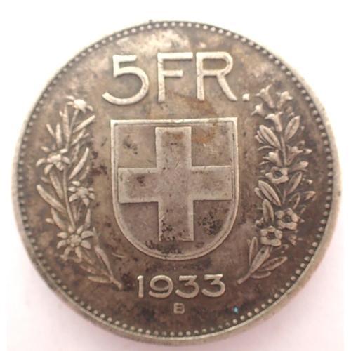 3063 - 1933 silver five francs of Switzerland. P&P Group 1 (£14+VAT for the first lot and £1+VAT for subseq... 