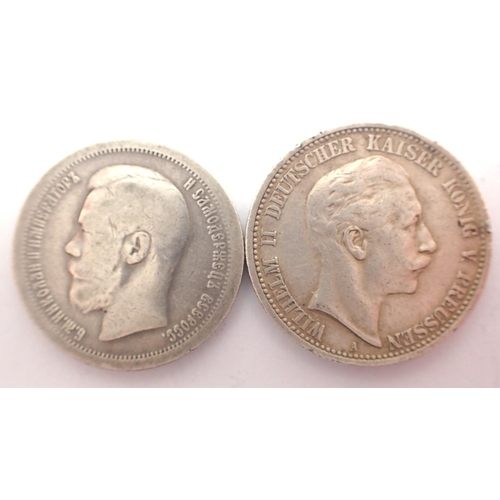 3065 - 1907 Prussian silver two Marks, and a Russian silver fifty Kopeks (2). P&P Group 1 (£14+VAT for the ... 