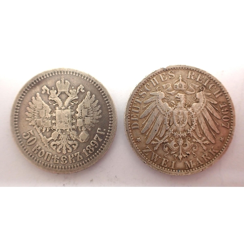 3065 - 1907 Prussian silver two Marks, and a Russian silver fifty Kopeks (2). P&P Group 1 (£14+VAT for the ... 