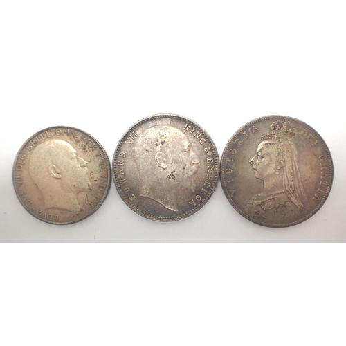 3067 - Victorian 1889 half crown, Edward VII one rupee and florin. P&P Group 1 (£14+VAT for the first lot a... 