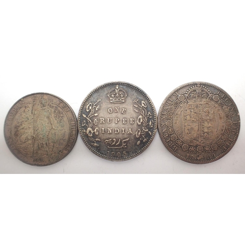 3067 - Victorian 1889 half crown, Edward VII one rupee and florin. P&P Group 1 (£14+VAT for the first lot a... 