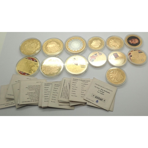 3081 - Modern gold plated commemorative coins and tokens with certificates. P&P Group 2 (£18+VAT for the fi... 