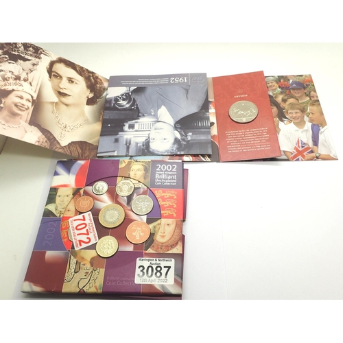 3087 - UK uncirculated coin set (2002), crown, 2019 D-Day commemorative £2 coin cover and mixed mint stamp ... 