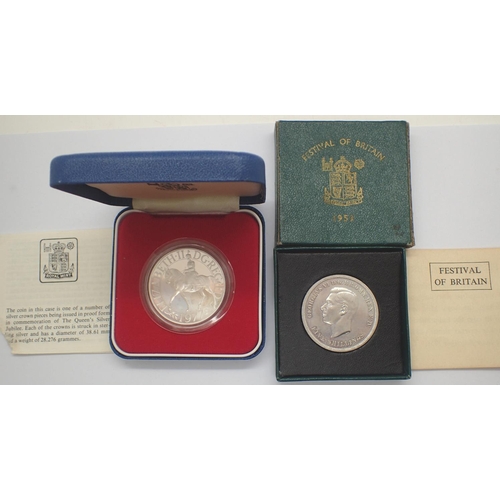 3093 - Silver boxed 1977 crown and a 1951 Festival Of Britain example. P&P Group 1 (£14+VAT for the first l... 