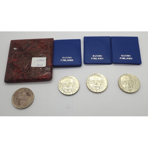 3094 - King Of Jordan proof 1.2 dinar and three Finnish silver proof tokens. P&P Group 1 (£14+VAT for the f... 