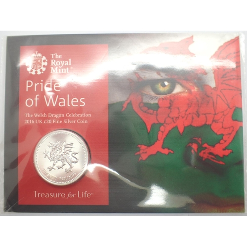 3099 - 2016 £20 silver Bullion, Welsh Dragon coin. P&P Group 1 (£14+VAT for the first lot and £1+VAT for su... 