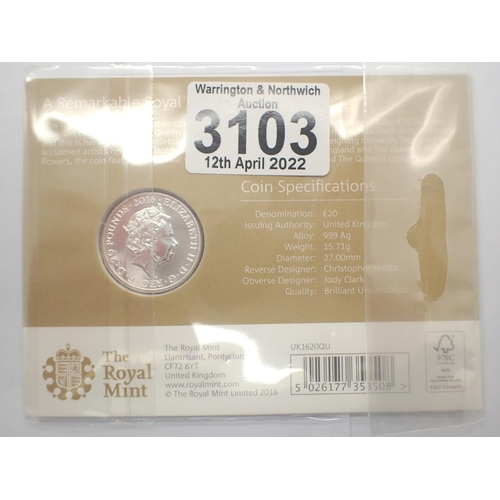 3103 - 2016 £20 silver bullion, 90th Birthday Queen Elizabeth II coin. P&P Group 1 (£14+VAT for the first l... 