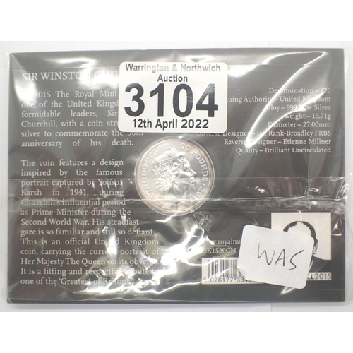 3104 - 2015 £20 silver bullion, Winston Churchill coin. P&P Group 1 (£14+VAT for the first lot and £1+VAT f... 