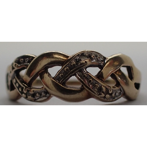 22 - 9ct gold and diamond knot ring, size I, 1.4g. P&P Group 1 (£14+VAT for the first lot and £1+VAT for ... 